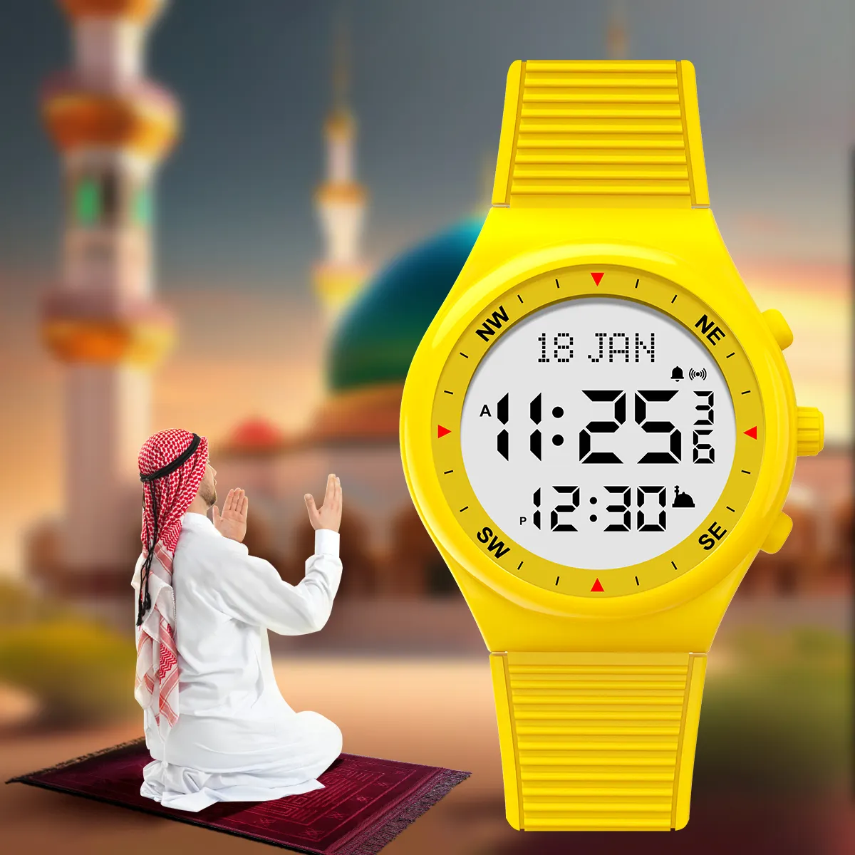Athan Watch Digital Islamic Men's Watch Alfajr AZAN Watch Qibla Timer Compass Direction Prayer Time