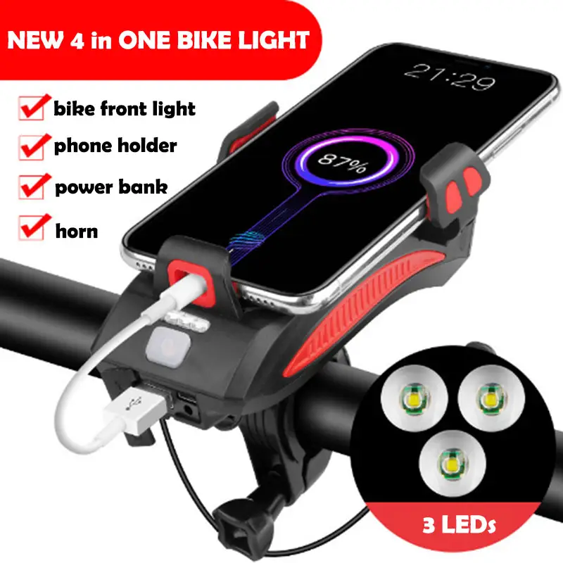 Soporte para teléfono de bicicleta 4 en 1, bocina de bicicleta ligera y banco de energía, luz delantera, luz de ciclo impermeable