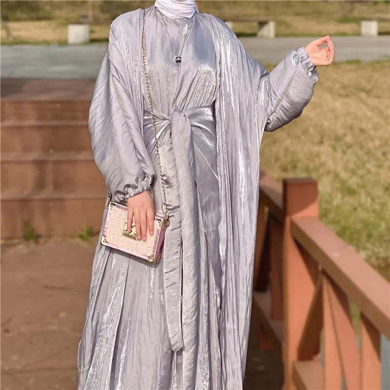 Open Abaya Islamic Out Kleid Ethnische Kleidung Elastische Manschette Langarm Muslim Kaftan Glitter Glatte Seide Satin Abaya