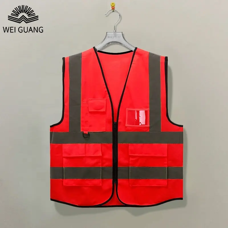 Más duradero 100% tela de poliéster CE EN 20471 chaleco de seguridad reflectante construcción Industrial chaqueta de advertencia con múltiples bolsillos