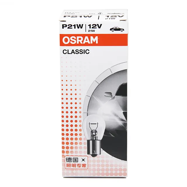 Lámpara auxiliar OSRAM de línea original, bases metálicas P21W 7506 12V 21W BA15s fabricada en Tailandia, bombilla halógena