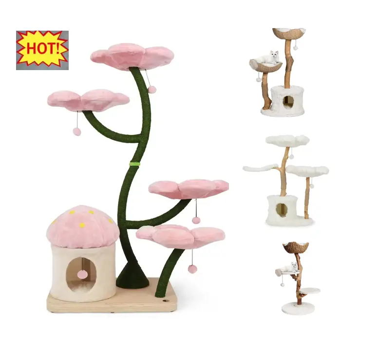 Custom Luxury Solid Wood Flower Floral Cat Christmas Tree Tower  Modern Wooden Cat Climbing Condo Tree
