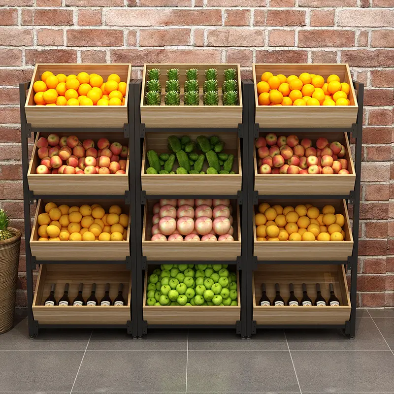Exibição de frutas e vegetais para superfície, estante de madeira popular para superfície, exibição de frutas e vegetais