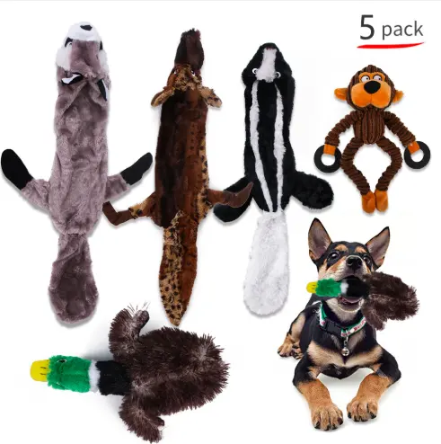 Amazon hot Pet Dog Chew Toys 5 pack squeaky plush toy set con animales salvajes ardilla negra, ganso salvaje, mono, mapache, Lobo