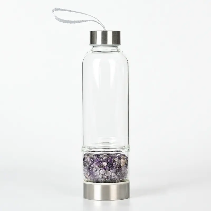 Изготовленная на заказ упаковка розового золота Хрустальная стеклянная Спортивная бутылка для воды с пищевым лечебным кварцевым камнем от Alif Crystal agate