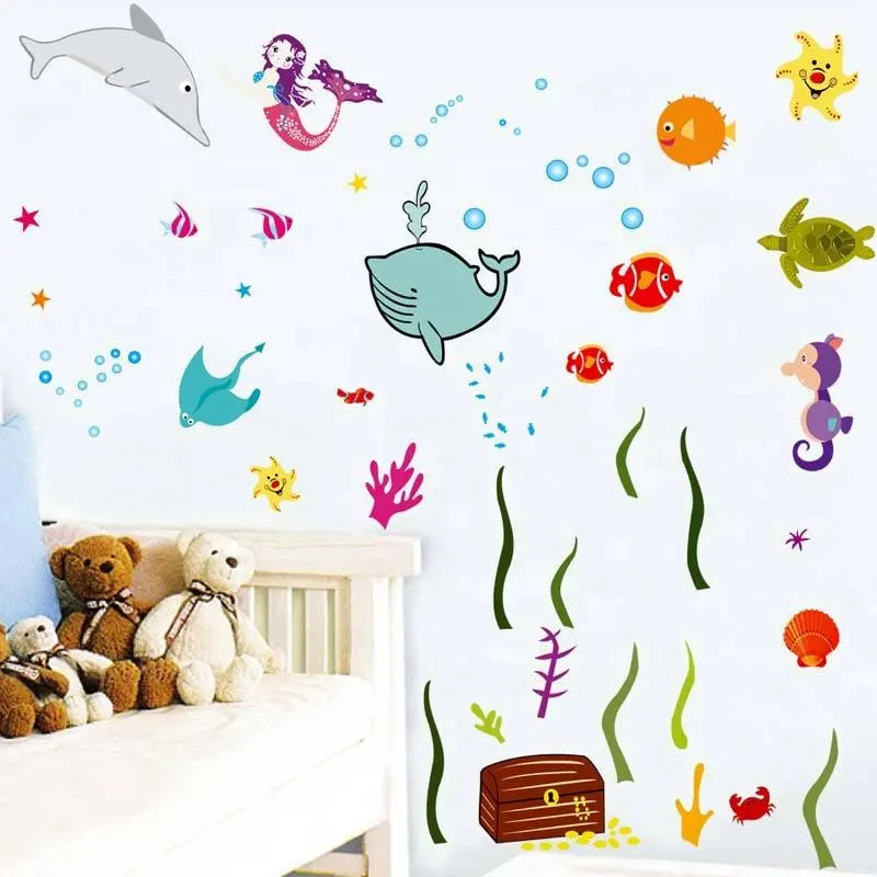 Fabrik günstigen Preis Meeres welt Tiers terne Seepferdchen Designs abnehmbare PVC Kinder Meerjungfrau Aufkleber für Kinderzimmer