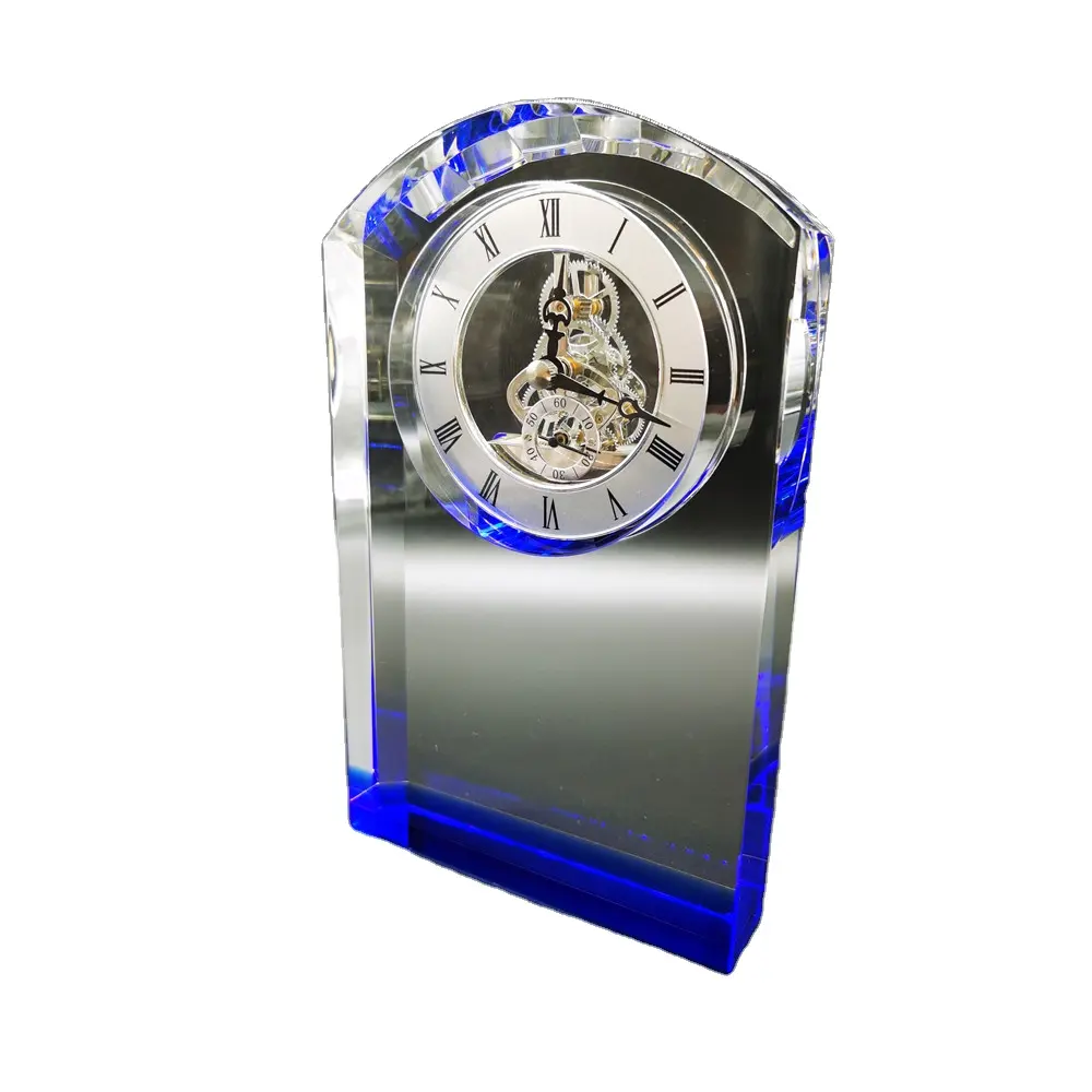 Venda quente gravado cristal mesa relógio centrado modelo troféu award
