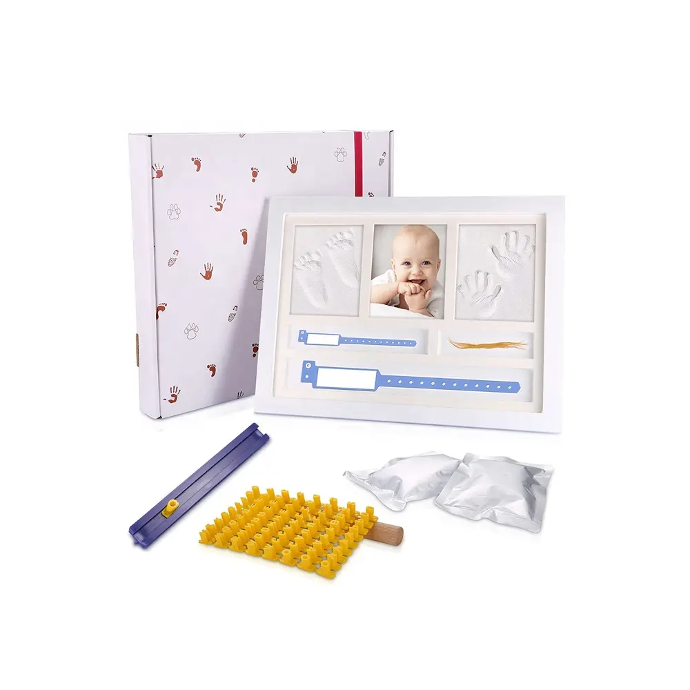 Regalos para mamá y Baby Shower, Kit de marco de fotos con huella e impresión a mano, incluye almohadillas de tinta, pulseras para el pelo del bebé recién nacido