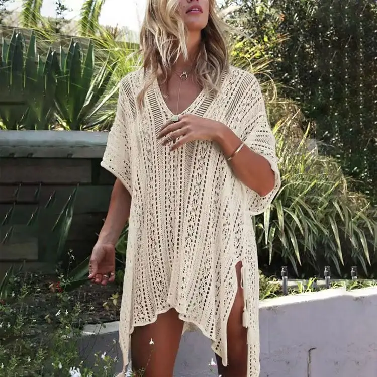 Crochet Coverup Boho Beach Dress Female Sexy Deep V-Neck Maxi Vacation Beach Dress For Ladies
