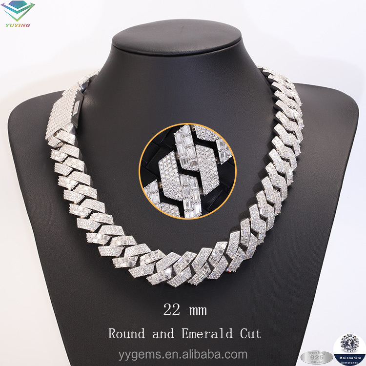 22mm wide-baguettes&round cut Moissanite silver chains
