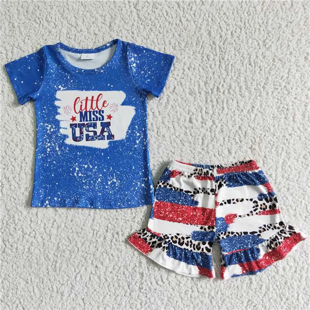 NC0005 vente en gros de vêtements pour enfants filles Little miss USA National Day short à manches courtes imprimé léopard style décontracté mignon