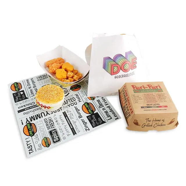 Fabbrica diretta campione gratuito Custom per uso alimentare imballaggio carta a prova di grasso per Hamburger cibo prodotti di carta di imballaggio