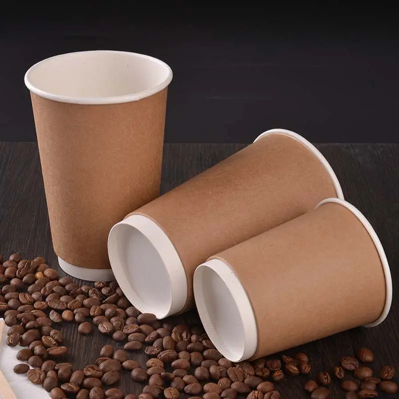 Copo de papel kraft de parede dupla de 4 onças, 8 onças, 12 onças e 16 onças, copo de papel quente para café e chá com tampa