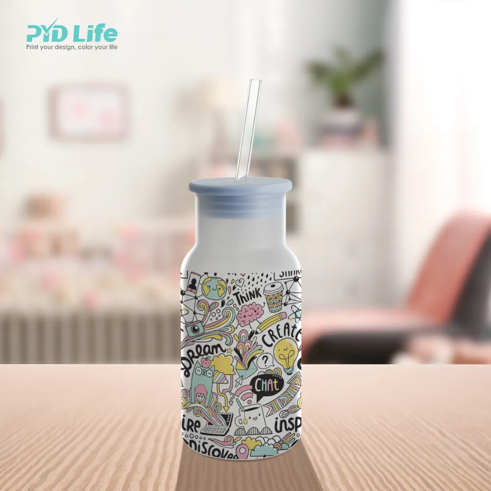 PYD Life Logo Tùy Chỉnh Cốc Sữa Mờ 18Oz Chai Nước Cho Trẻ Em Cốc Thủy Tinh Trống Thăng Hoa Có Nắp