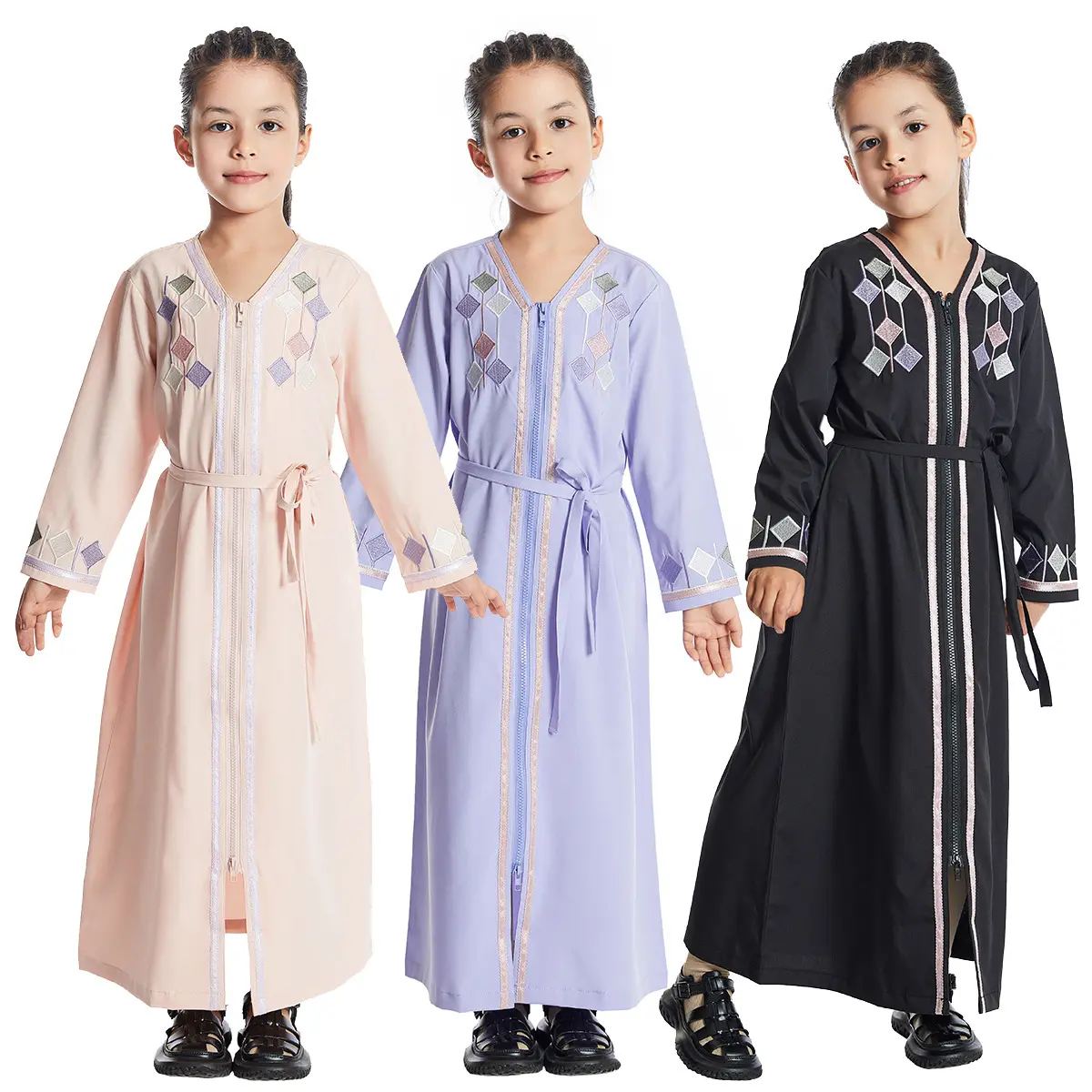 Nuevo musulmán niños niñas cremallera frontal abierto Abaya Marruecos Kaftan islámico niño ropa Eid Ramadan Jalabiya árabe túnica caftán vestido