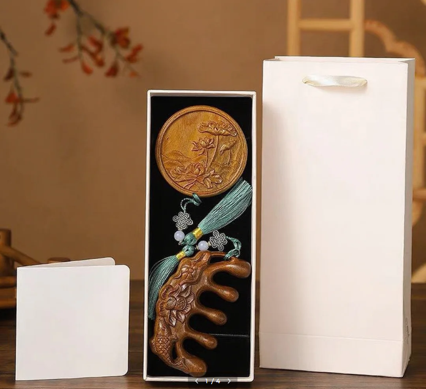 Massage Wooden Comb + Lotus Leaf Wooden Mirror