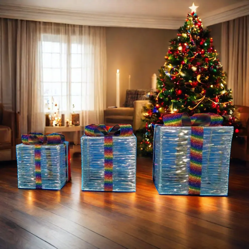 Jogo de três caixas de presente em espiral para decoração de Natal, luminária IP65 para neve e boneco de neve 80