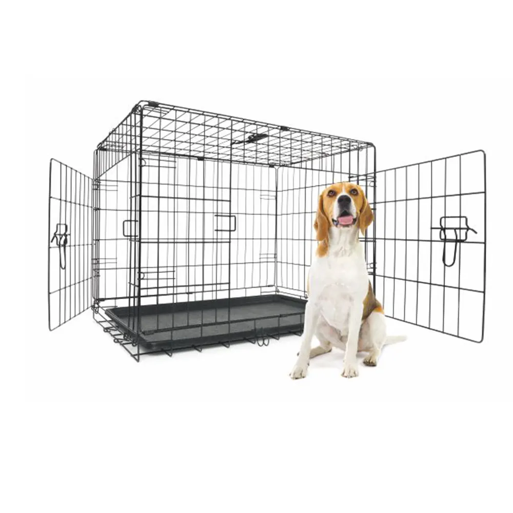 Wholesale Black Metal Pet Dog Crate Durable Door Dog Crate Leak-Proof Pan Divider Pane Outdoor Large Folding Pet Dog Cage Kennel