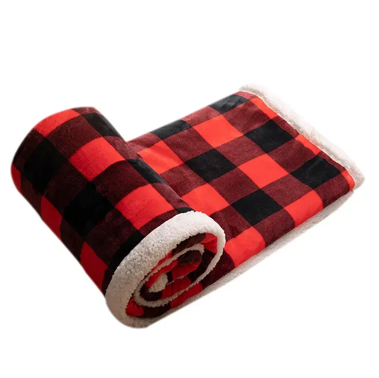 Plaid lamb wool double layer flannel Sherpa Throw blanket custom winter thick soft blanket