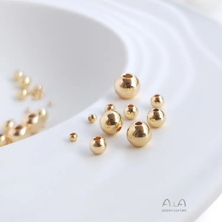 Cuentas sueltas de oro con revestimiento de cobre de varios tamaños, abalorios de oro de 14k para fabricación de joyas, materiales, venta al por mayor