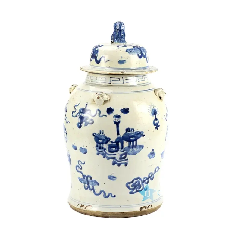RZEY12-D antiguo azul y blanco León tapa jarra de porcelana