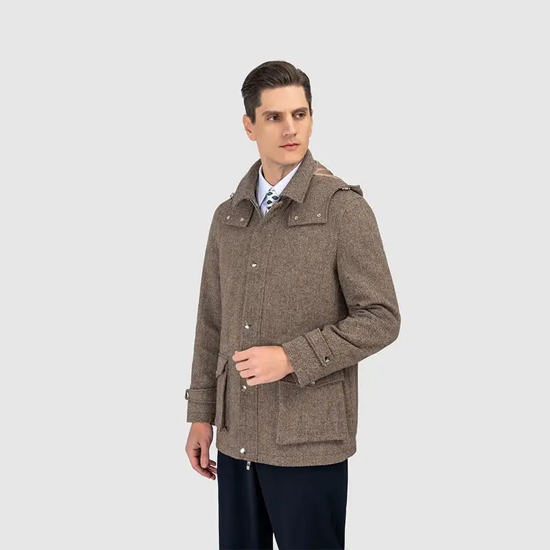 Chaqueta de Safari personalizada para hombre elegante informal 100% lana espiga primavera ODM suministro cierre de cremallera patrón teñido chaqueta de caza