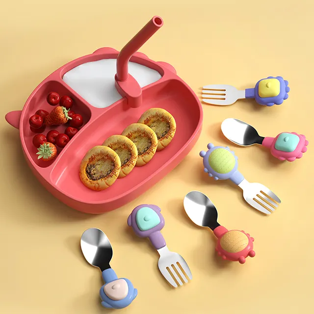 Alat Makan Bayi 304, Stainless Steel Anak-anak Sendok Garpu Set Peralatan Makan dengan Pegangan Kartun Kreatif 2 Buah