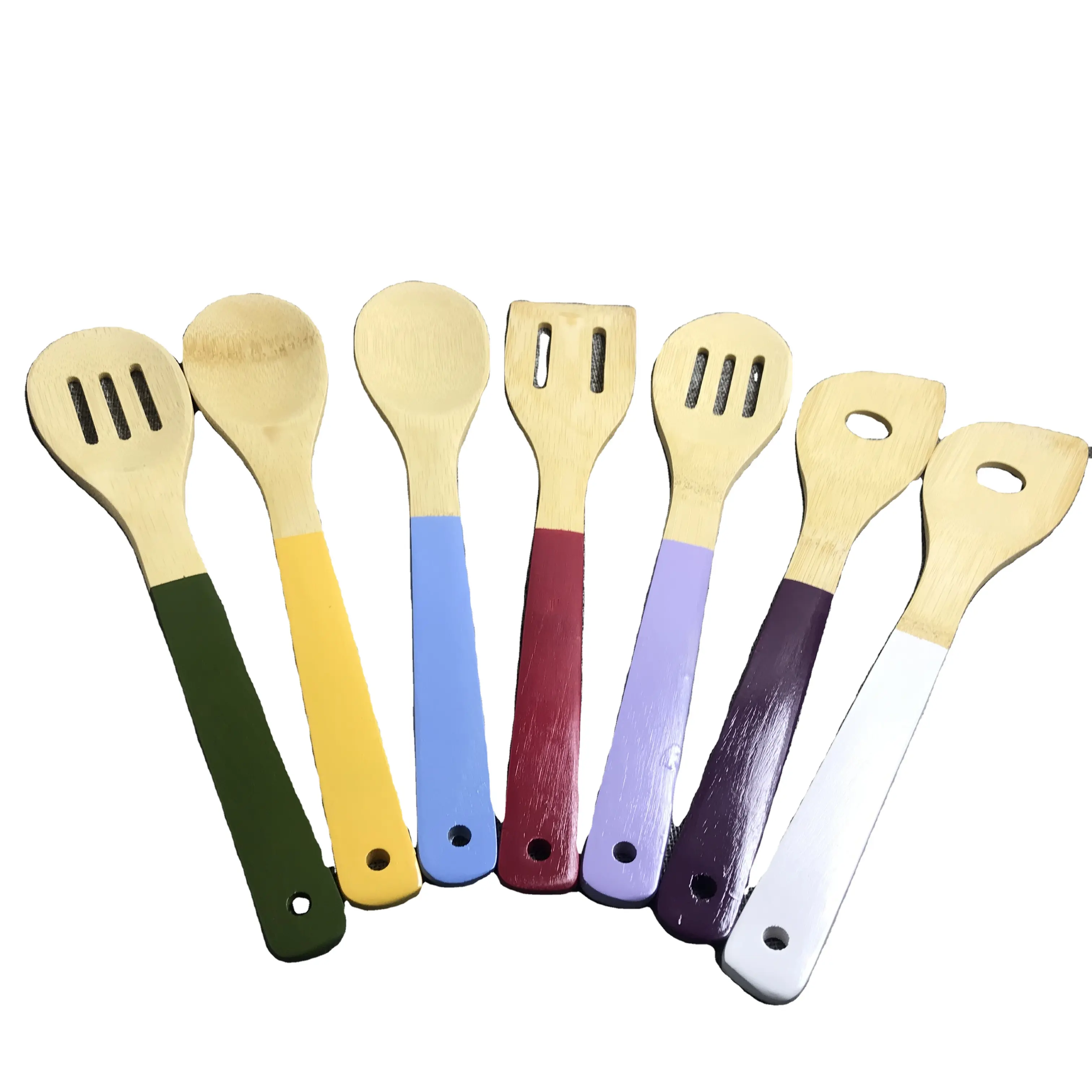 Juego de utensilios de cocina de bambú con mango colorido de grado alimenticio ecológico, juego de utensilios de cocina de bambú, juego de cuchara de bambú a la venta