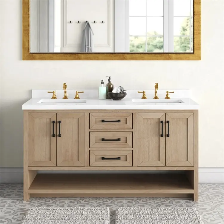 Modern customized bathroom cabinet sets rock slab top wash basin with storage shelf bathroom vanity