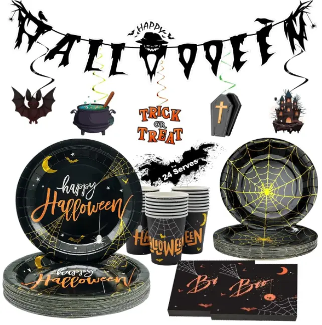 Halloween kids party disposable cutlery napkin paper dishes cups Hanging Happy Halloween Banner swirls bat coffin castle pendant