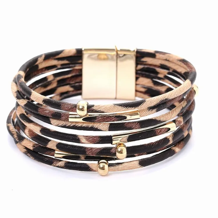 Brazalete de leopardo con hebilla magnética de aleación, pulsera de cuero con cuentas, tubo de cobre