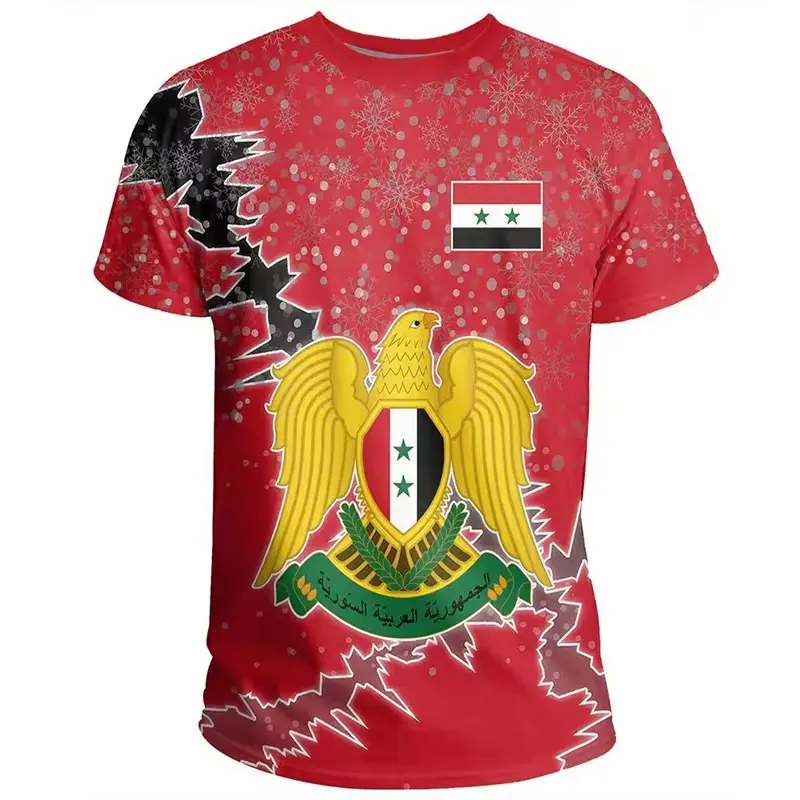 Suministro de fábrica Impresión digital Bandera de país de Siria personalizada Camiseta unisex con 100% poliéster