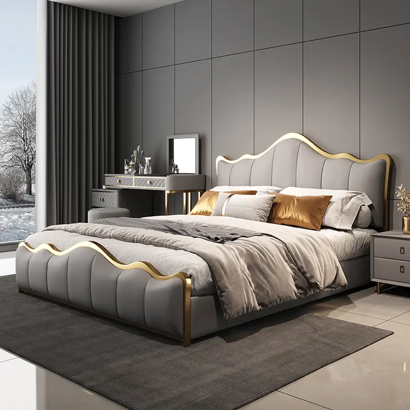 Cama de luxo moderna tamanho completo, cama com placa de cabeça, quarto, cama dupla estofada