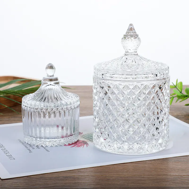 Tarro de vela de vidrio vacío transparente para muebles decorativos creativos de bajo precio con tapas