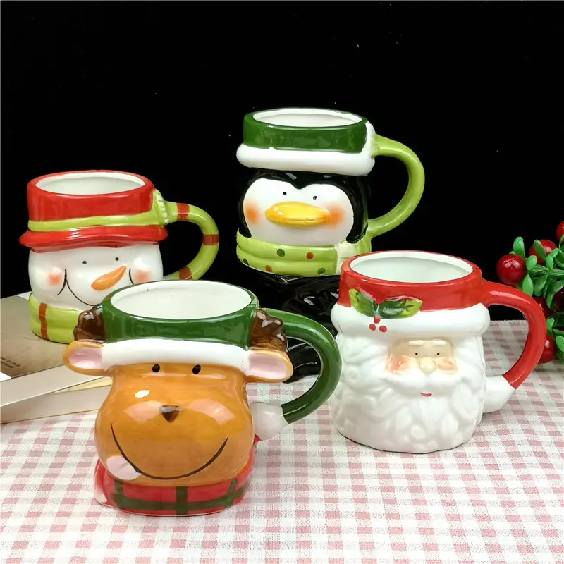 Colección de tazas de regalo de cerámica con logotipo personalizado juego de tazas de té y café con forma divertida pintada a mano muñeco de nieve alegre para regalos de navidad
