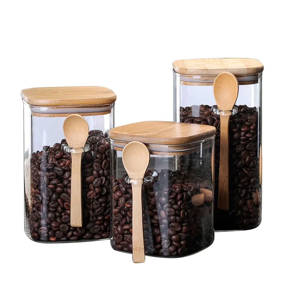 High Quality Glass Food Grade Storage Containers with Airtight Bamboo Lids and Spoon Jar Spice Square Custom Glass Container Jar