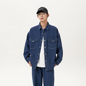 复古水洗钻石牛仔夹克，配有钩编编织正面标志OEM服务 - Product Image 3