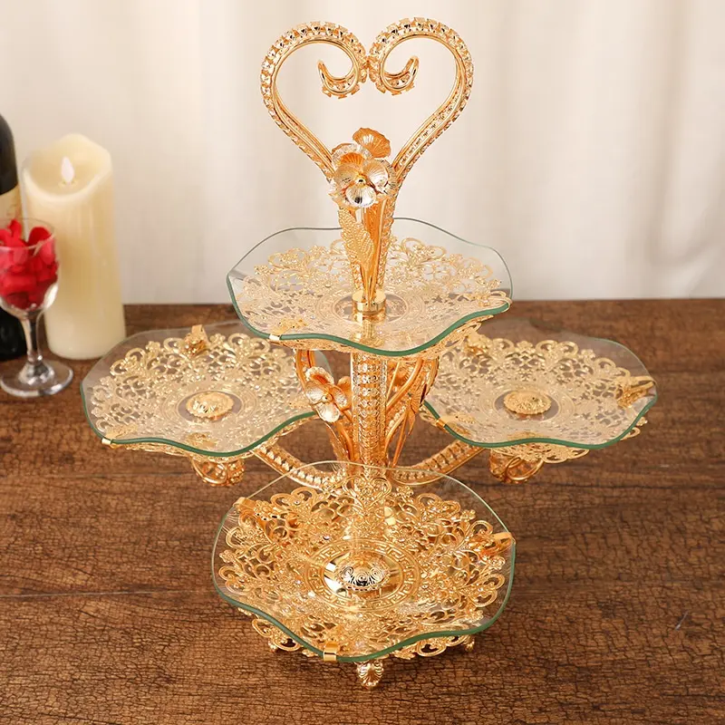Soporte de vidrio y Metal para pastel y desierto, plato de fruta chapado en oro, mesa de exhibición, bandejas rotativas de Servicio Turco decorativas