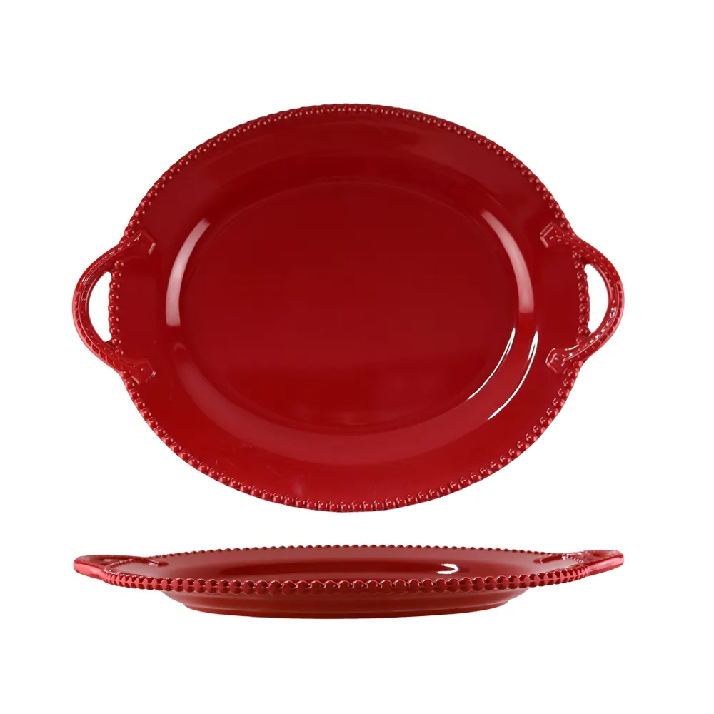 Sebbest all'ingrosso piatti ovali riutilizzabili in plastica da 16 pollici rosso melamina con manico