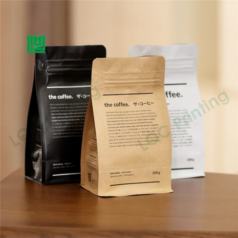 Kantong Ritsleting Kopi Tahan Air Kertas Kraft Gusset Sisi Hitam Sol Datar Kustom Kantong Ritsleting Kopi Tahan Bau dengan Katup