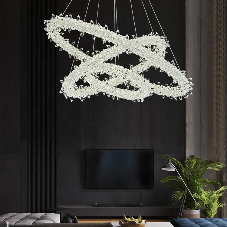 Candelabros creativos de estilo europeo para sala de estar, lámpara de techo de lujo con círculo dorado, luces colgantes redondas de cristal