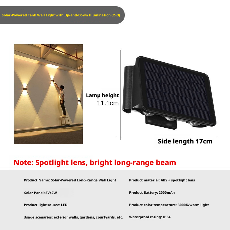 Energía solar / Iluminación ascendente y descendente 2-3 luces / Luz cálida