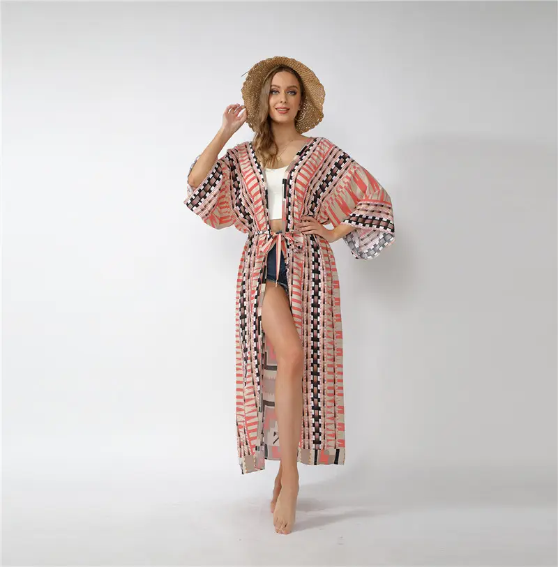 Kimono de estilo japonés para mujer, vestido playero abierto frontal con estampado geométrico, 2021 viscosa, novedad de 100%