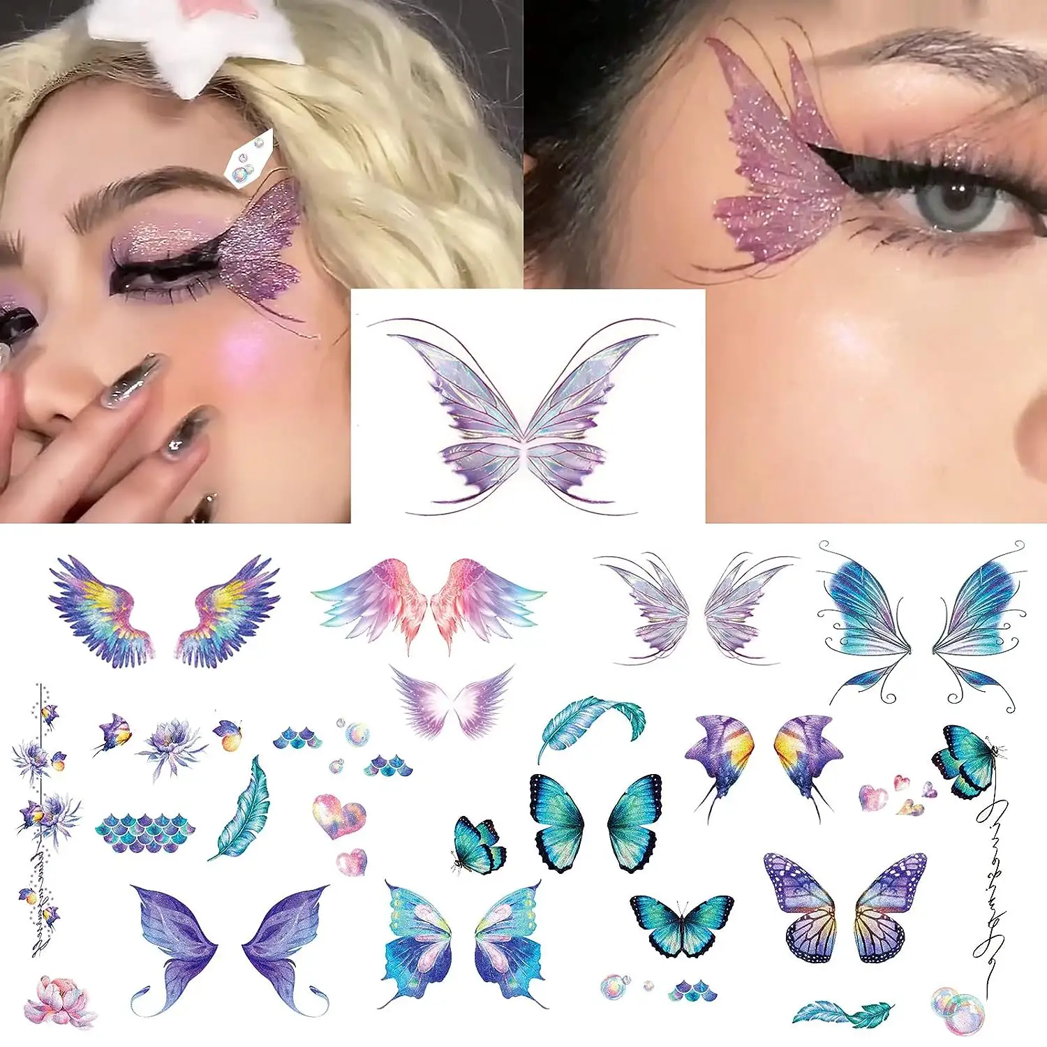 Pegatinas de tatuaje temporal de mariposa brillante para mujeres y niñas, decoración de maquillaje de cara de ojos, tatuaje de mariposa brillante con vientos de hadas