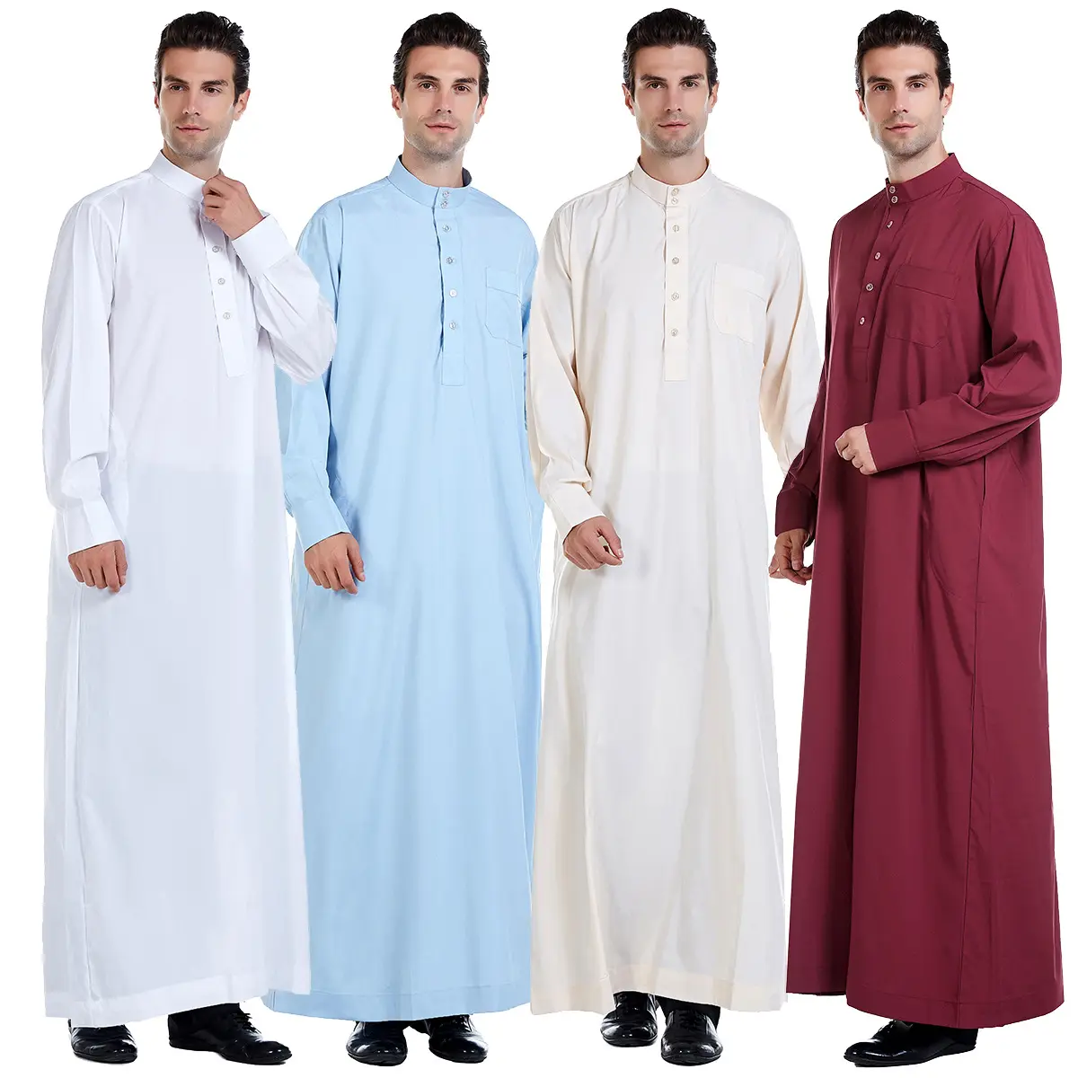 Th815 Rst Hot Selling Polyester Opstaande Kraag Effen Kleur Lange Mouwen Thobe Kanzu Mannen Moslims Jurk Islamitische Kleding Voor Mannen