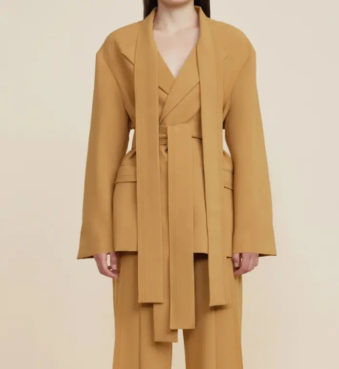 Wholesale Custom Fashion Women Khaki Lace Up Suit Coat High Street Blazers Trousers Two-Piece Set