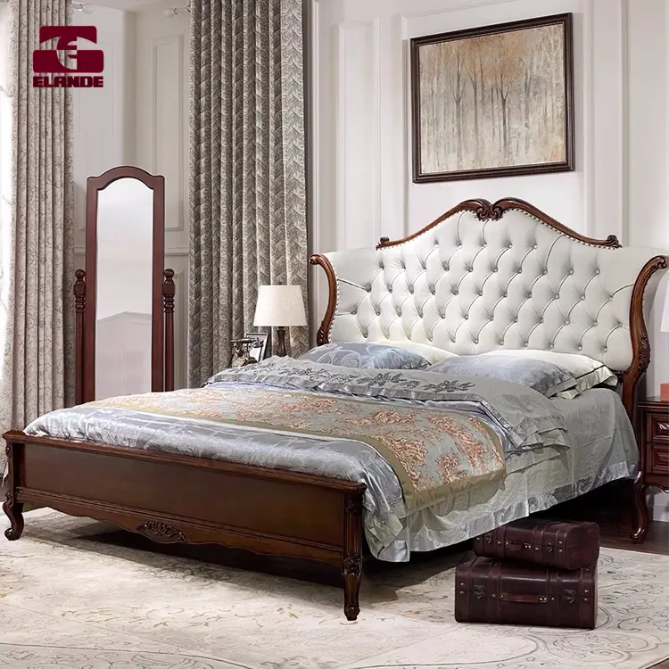 अमेरिकी ठोस लकड़ी डबल बिस्तर 1.8 मीटर यूरोपीय रेट्रो चमड़े के बड़े बिस्तर उच्च अंत मास्टर बेडरूम बेडरूम फर्नीचर सेट