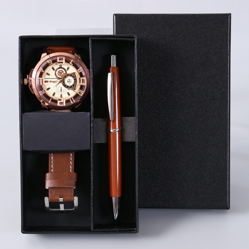 Coffret 3 pièces marron (montre, stylo, coffret cadeau)