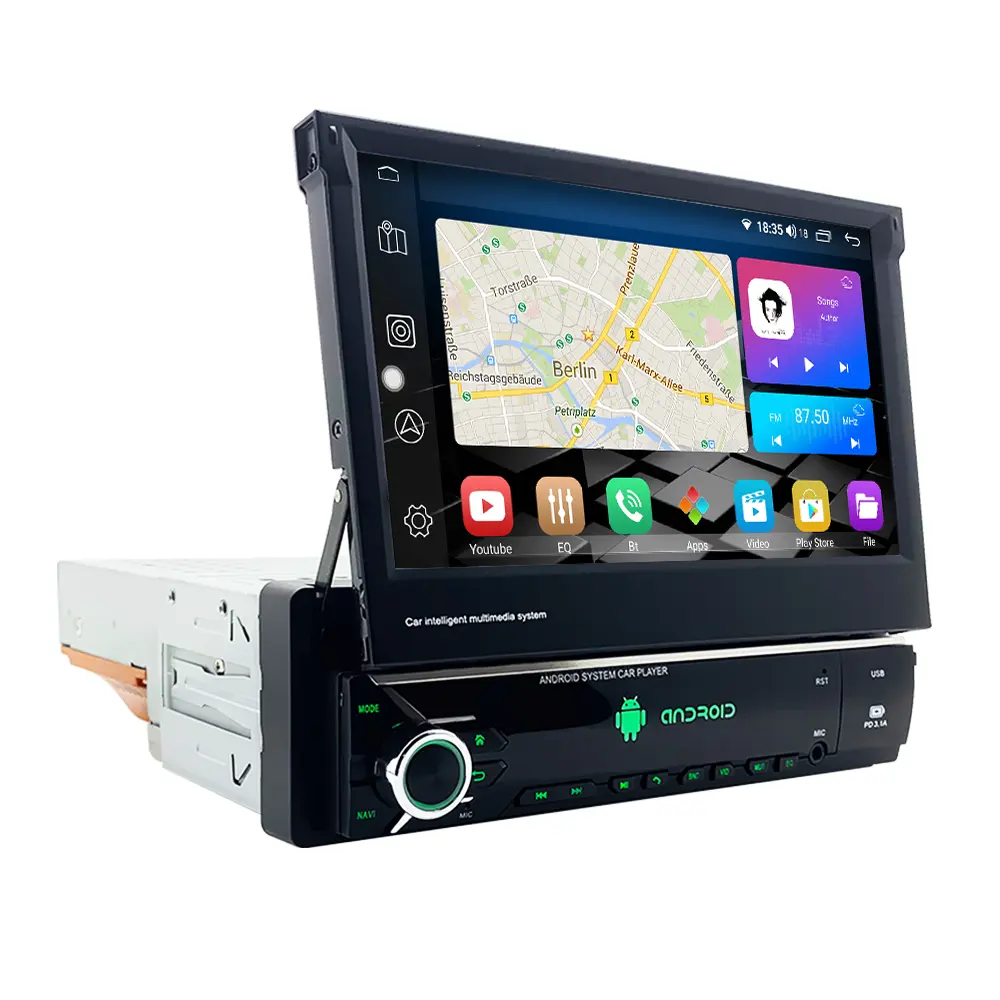 LEHX Android 12 Auto 1Din Multimedia Player 7'' Universal Retractable Screen Car Radio MP5 GPS Navigation Carplay 1 DIN Stereo