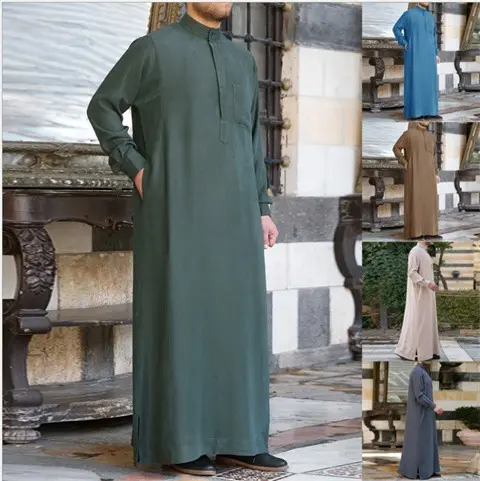 ファッションイスラム服男性無地ドレスカフタンイスラム教徒アバヤルーズドバイ長袖ローブ